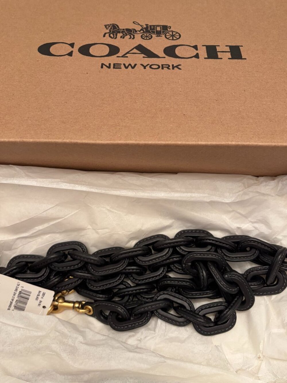 NWT COACH LONG BLACK LEATHER COVERED LINK CHAIN STRAP - Picture 2 of 13